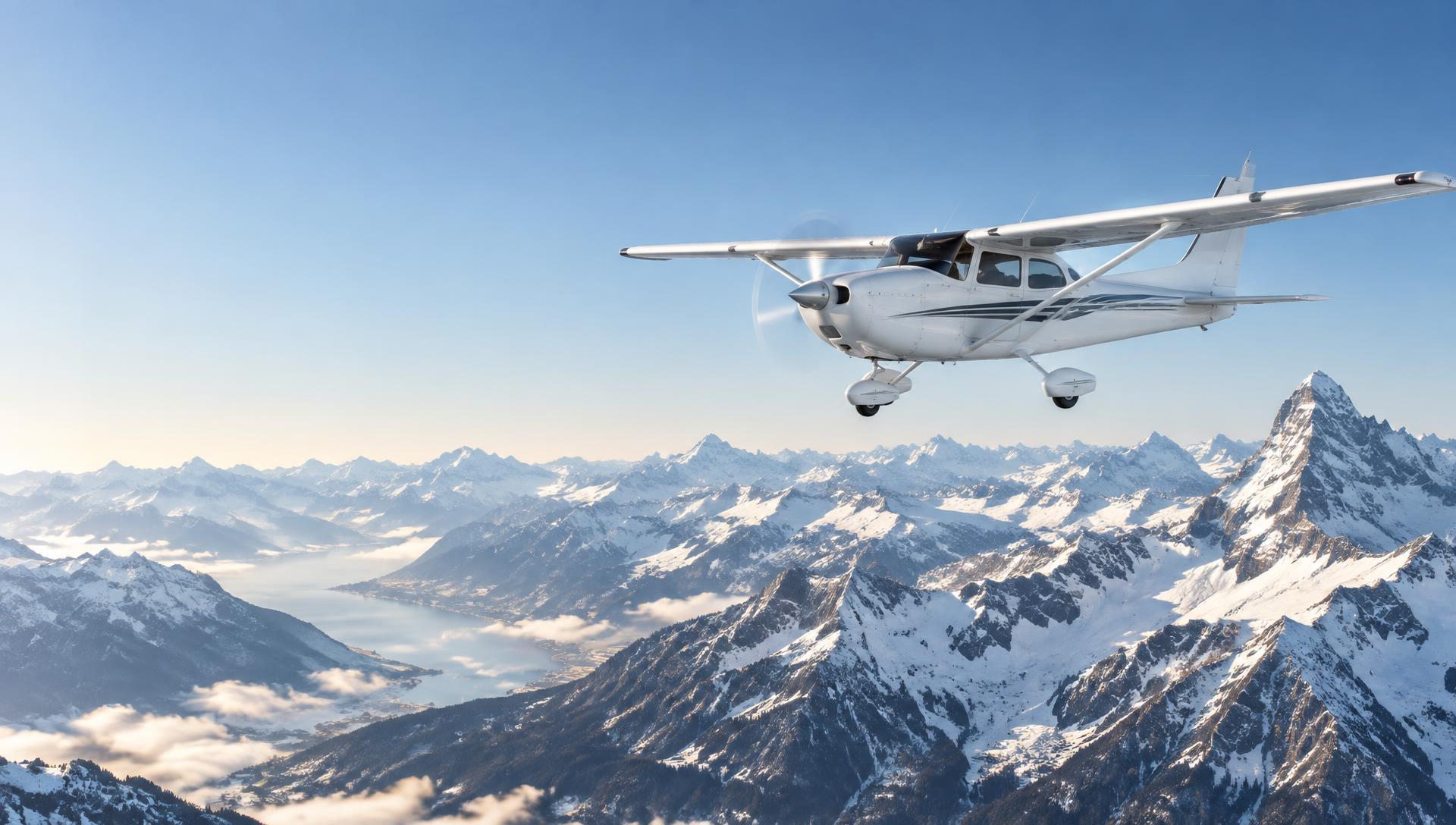 Einmotoriges Schulflugzeug über den verschneiten Schweizer Alpen